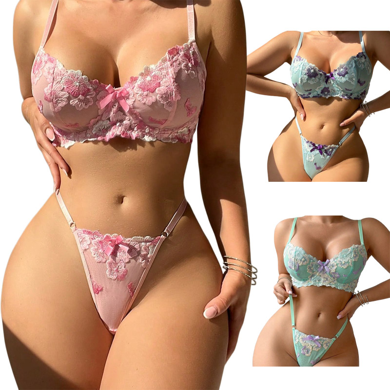 Embroidery Underwear - Różowy, kwiatowy, romantyczny haftowany zestaw seksownej