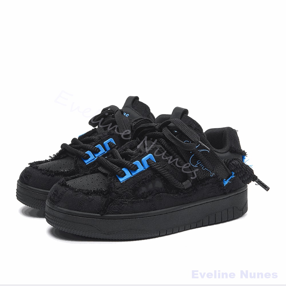 Embroidery Shoes - Czarne, postrzępione buty skate na platformie